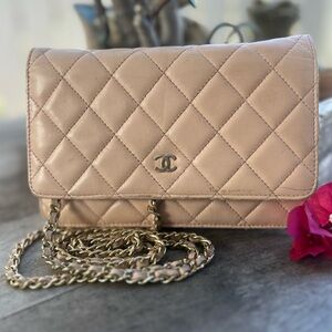 Authentic Chanel Quilted  Beige Lambskin WOC  crossbody Bag